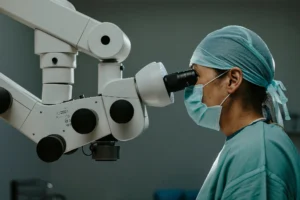 Χειρουργός ΩΡΛ στο χειρουργικό μικροσκόπιο κατά τη διάρκεια επέμβασης στο αυτί